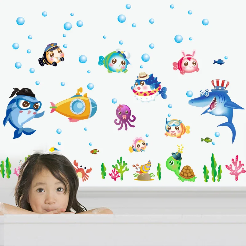 

Sea world Cartoon Wall Sticker Animals Child Room Decor Bathroom Stickers DIY Removable Wall Stickers Cartoon Cute Animals