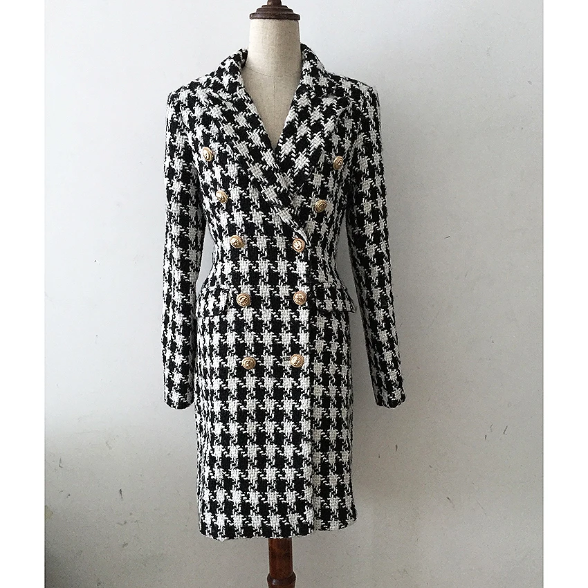 HIGH QUALITY New Stylish 2018 Designer Wool Coat Women's Double Breasted Lion Buttons Houndstooth Tweed Long Coat