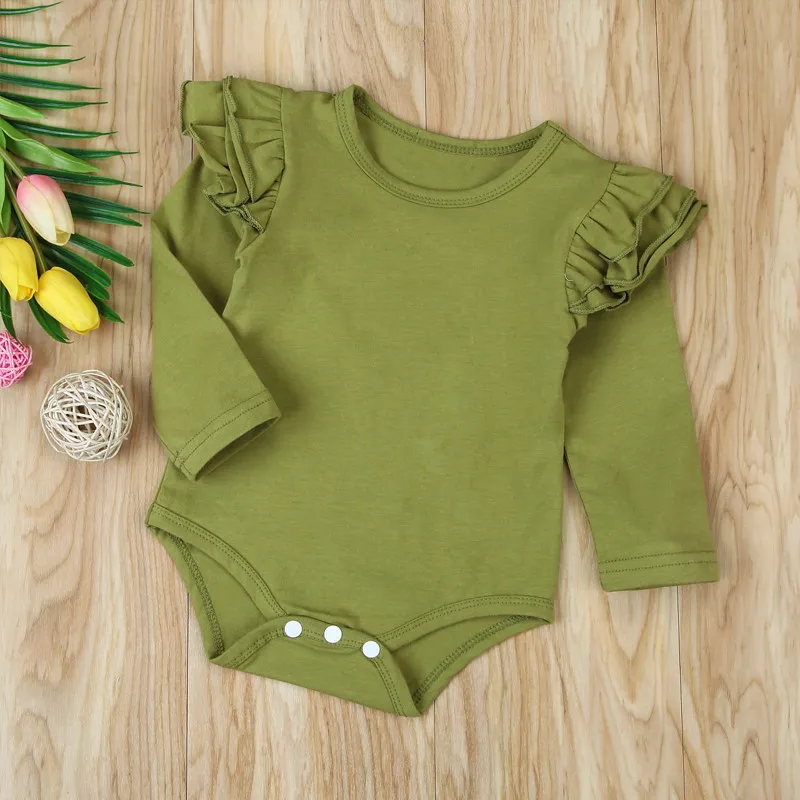 Комбинезон для новорожденных девочек; боди для младенцев; Однотонный комбинезон с длинными рукавами и оборками; Униформа-комбинезон топы; осенняя одежда для малышей; W3 - Цвет: Зеленый