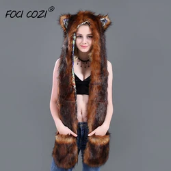 Animal Hat Halloween Costumes Faux Fur Hoody Fashion Hat 3in1 Brown Winter Accessories Hat And Scarf Set For Women Free Shipping Animal Hat Halloween Costumes Faux Fur Hoody Fashion Hat 3in1 Brown Winter Accessories Hat And Scarf Set For Women Free Shipping