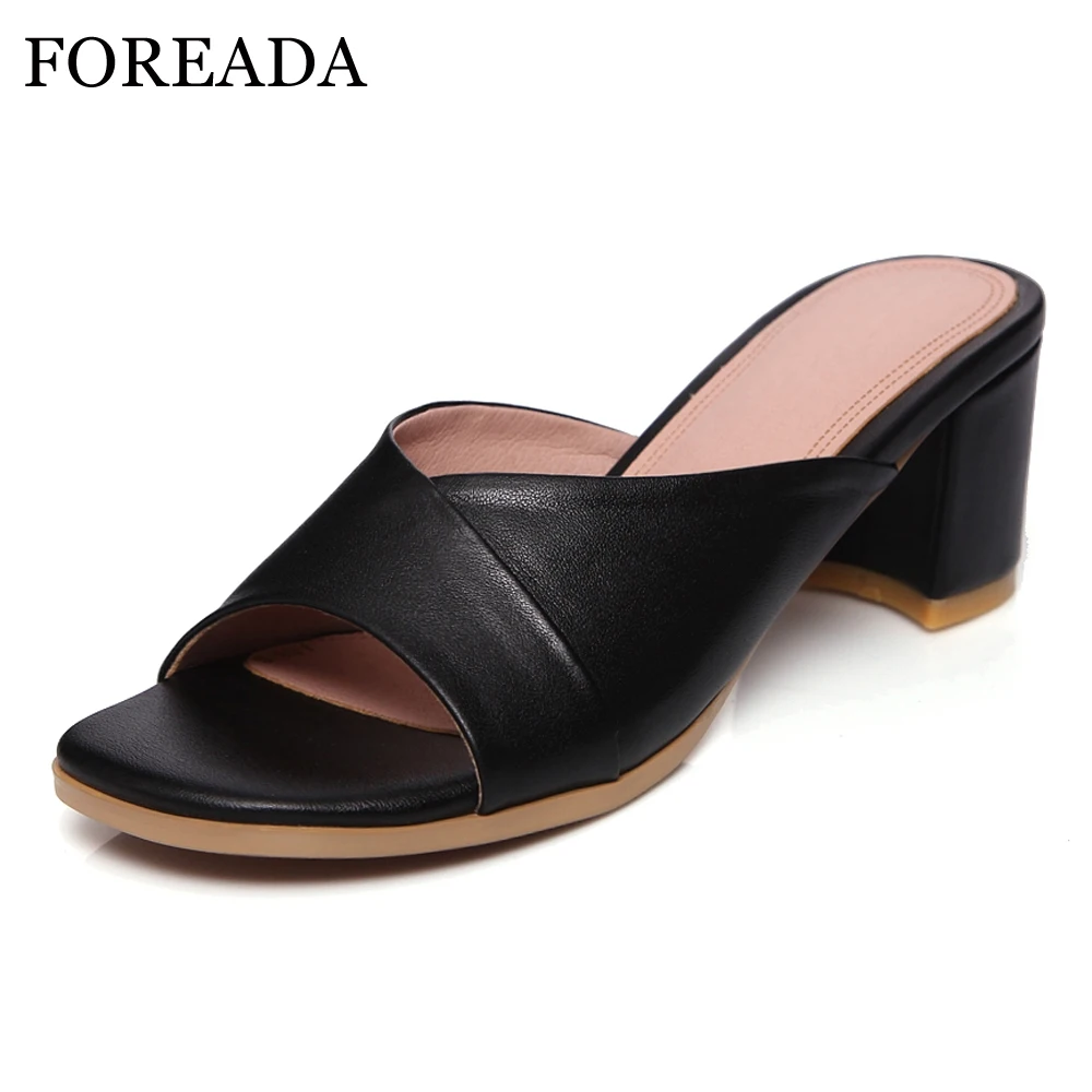 

FOREADA Summer Slippers Women Shoes Natural Genuine Leather Block High Heel Shoes Cow Leather Slides Lady Sandals Red Size 33-43