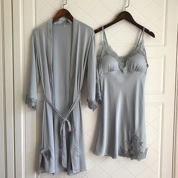 

Ladies Sexy Embroidered Lace Pajamas Summer Thin Simulation Silk Sling Nightdress Nightgown Two-piece Breast Pad