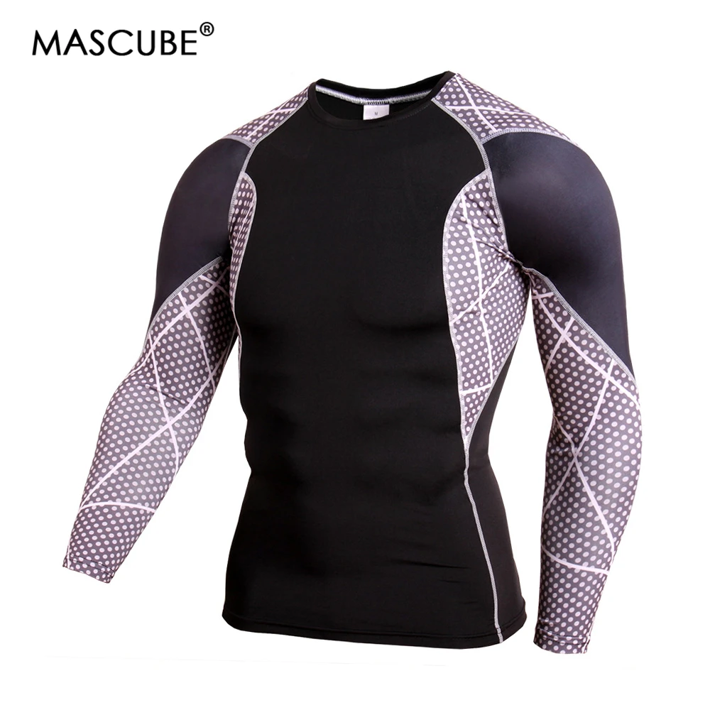 

MASCUBE 2018 New Men Compression Tight Skin Shirt MMA Long Sleeves 3D Prints Fitness Base Layer Weight Muscle Male Tops Wear