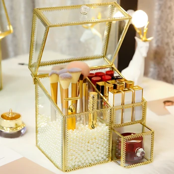 

Gold Multi-functional Makeup Brushes Pearls Box With Pearls Glass Student's Makeup Pearls Brushes Box for Beaty Girls B2262