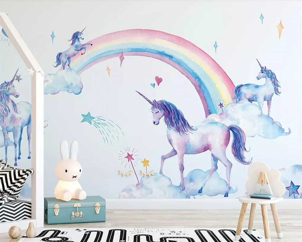 Beibehang ユニコーン 虹 手描き 子供の背景の壁 家の装飾のための新鮮な水彩画の壁紙 Wallpapers Aliexpress