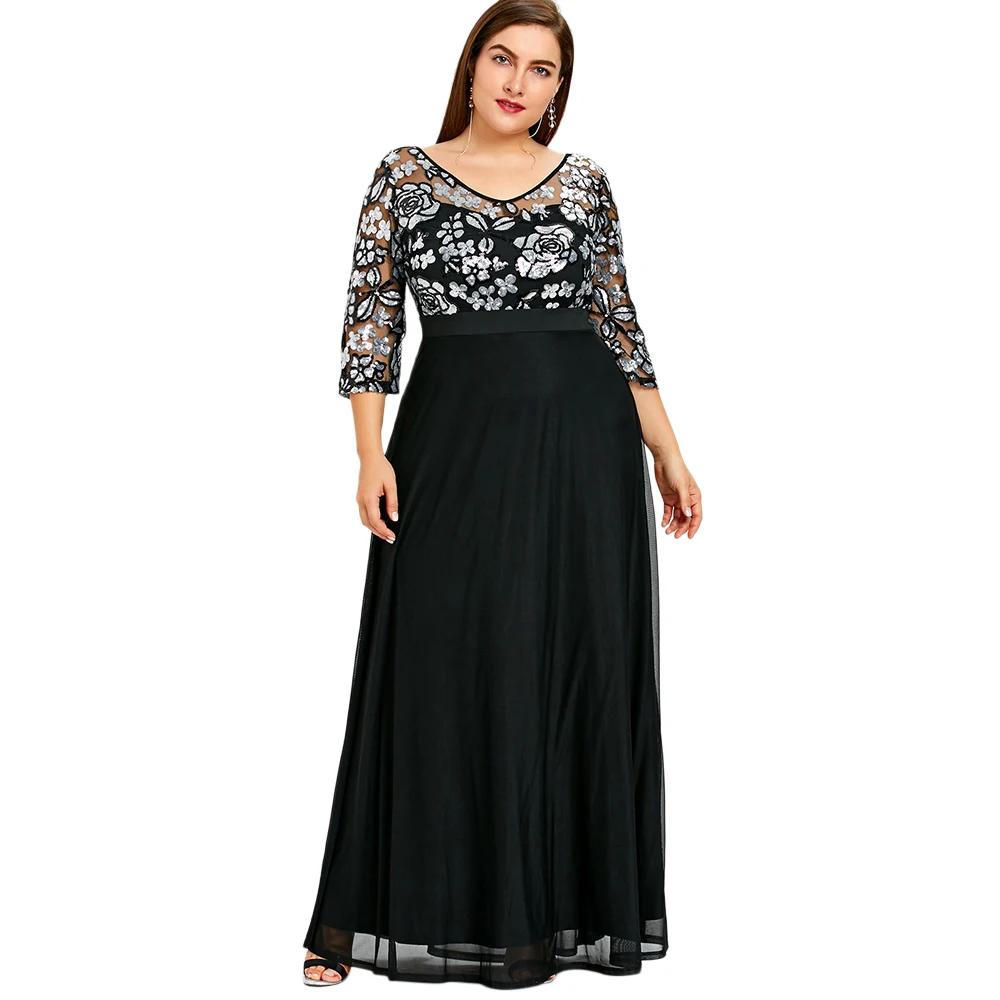 LANGSTAR Plus Size 5XL Sequined Floral Maxi Prom Women Party Long Dress ...