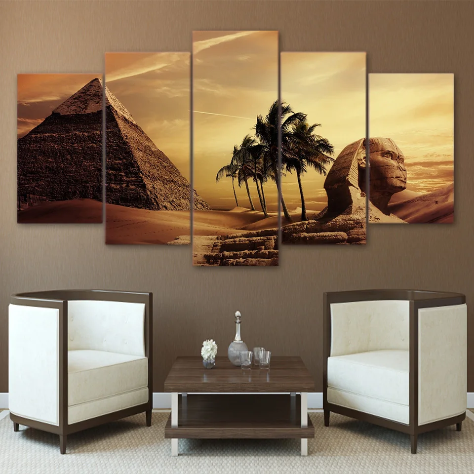 Frame Living Room HD Printed Painting Wall Art Pictures 5 Panel Egyptian Pyramids Sunset Landscape Modern Home Decor Posters