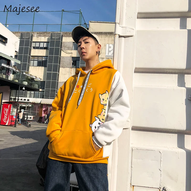 

Hoodies Men Hooded Patchwork Letter Printed Loose Harajuku Korean Style Ulzzang Winter Thicker Plus Velvet Sweatshirts Trendy