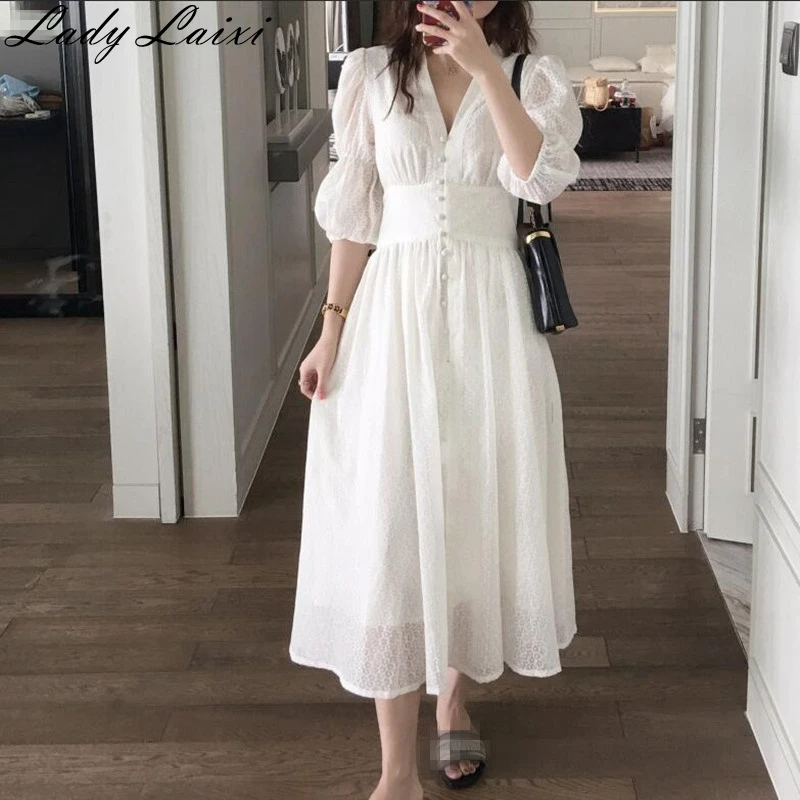 

Sexy Summer Dress 2019 Split V-neck Single-breasted Button Vintage Korean Casual Beach Party White Dress Elegant Vestidos