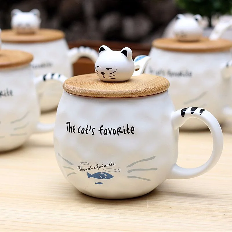 

Cat and Fish Animal Ceramic Mug with Spoon and Wooden Cover Creative Coffee Porcelain Tea Cup