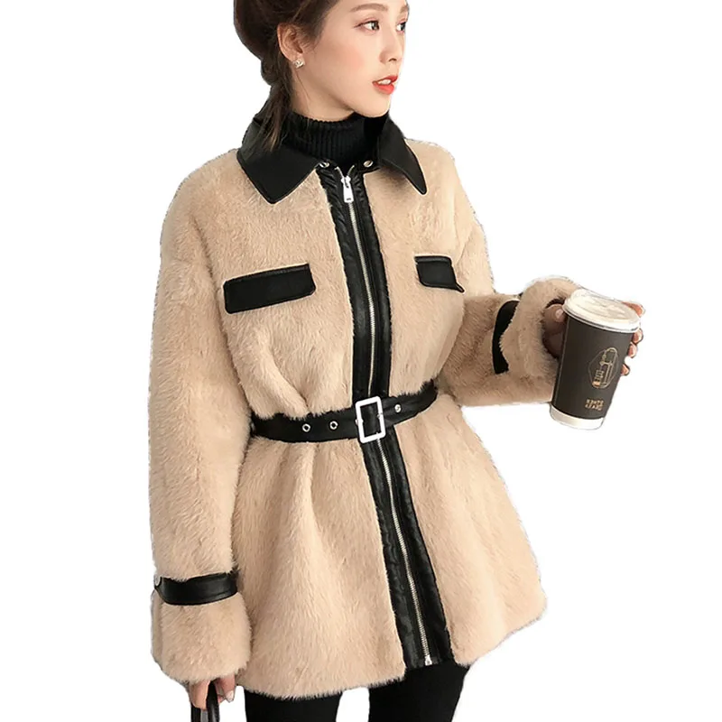

New Faux Mink Fur Parka 2019 Spring Women Office Coat Velvet Stitching Plush Pu Leather Jacket Slim Fit Belt Overcoat Best Pj347