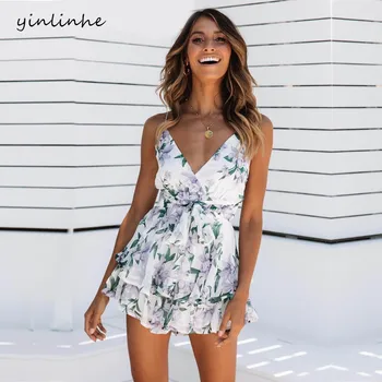 

yinlinhe Green Floral Ruffles Sexy Chiffon Playsuit Summer Overalls For Women Backless Short Beach Rompers Women Jumpsuit 956