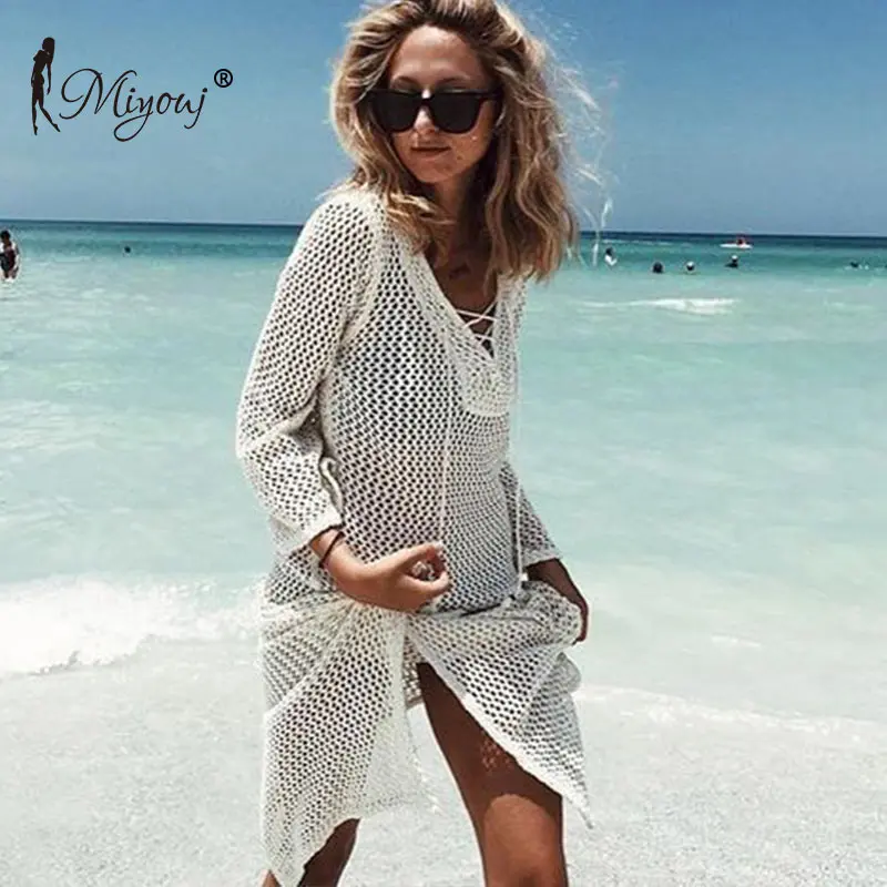 

Miyouj 2019 Knitted Crochet Beach Dress Cover Up Tassel String Beach Wear For Women Pareo Robe Plage Beachwear Bikini Cover Up