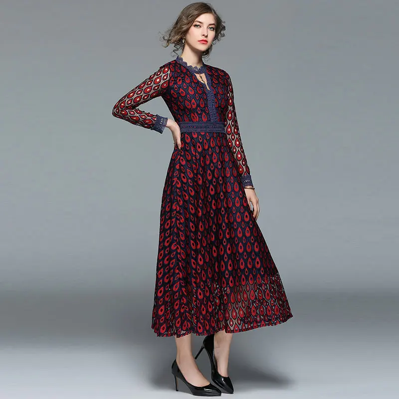 Borisovich New 2018 Spring Fashion England Style O-neck Hollow Out Lace Elegant Slim Women Casual Dresses Hot Sale Vestidos M082