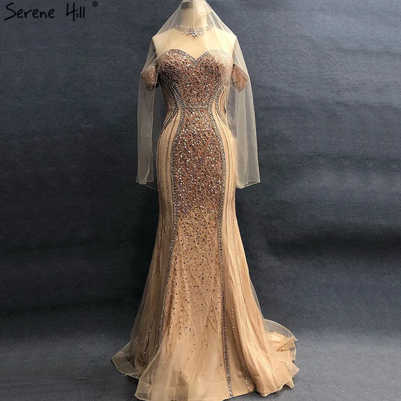 

Luxury Sexy Gold Sheer Neckline Mermaid Evening Dresses Sparkly Beaded Evening Gown 2019 Real Photo Robe De Soiree BLA60797