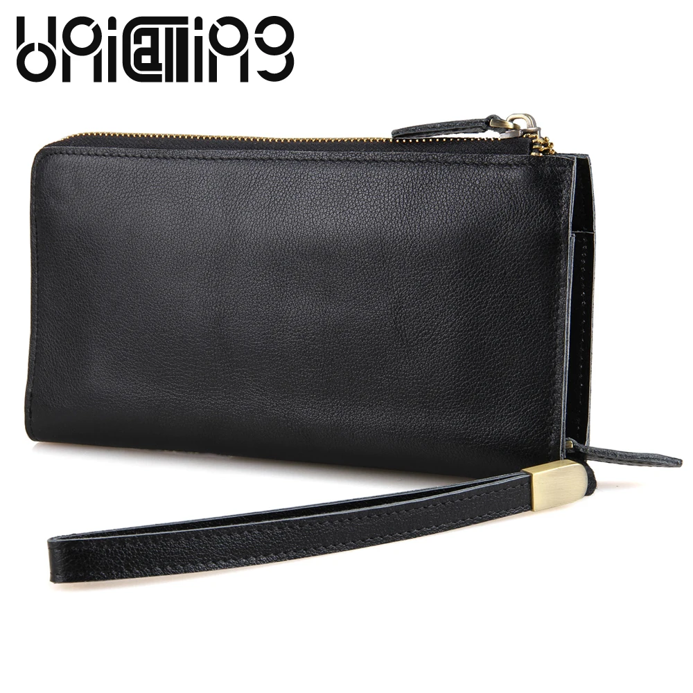 

UniCalling New style cow leather men clutch bag Business Lichee Pattern men long wallet Zipper Genuine Leather 18 Card Holder