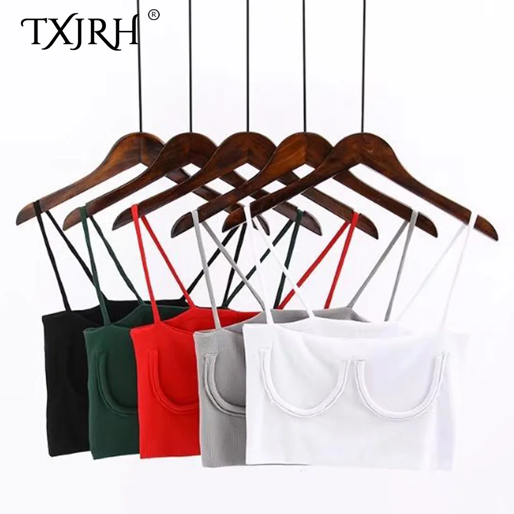 TXJRH, сексуальный трикотажный топ с полумесяцем, бюстье, Camisetas, пуловер, модный топ на бретельках, короткий жилет, укороченные топы, 10 стилей