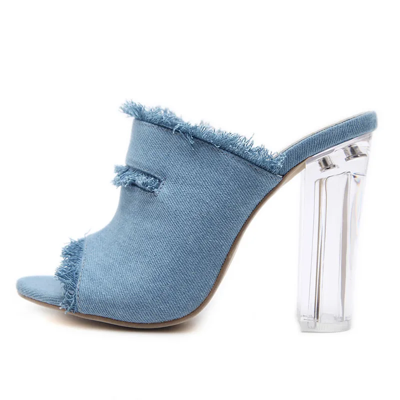 Г., весенние джинсовые туфли без задника женская синяя обувь туфли на высоком квадратном каблуке с открытым носком винтажные женские туфли-лодочки на шнуровке