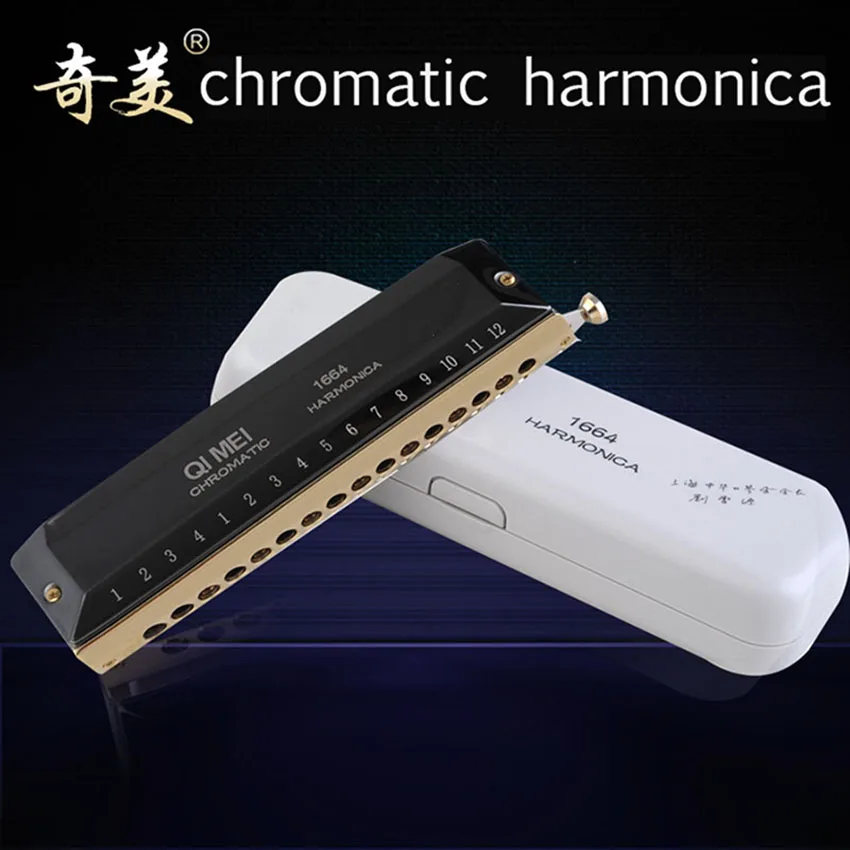 

Chromatic Harmonica QIMEI 16 Holes/64 Tones Mouth Organ High Quality Professional Wind Musical Instrument Black C-D4