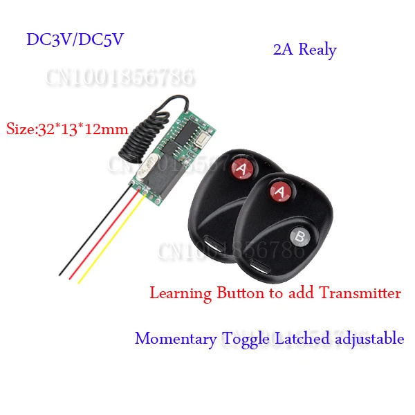 

DC3-5V Mini Small Volume Radio Remote Control Switch System 2 Transmitter Receiver 315/433.92MHZ Latched Toggle Momentary Learn