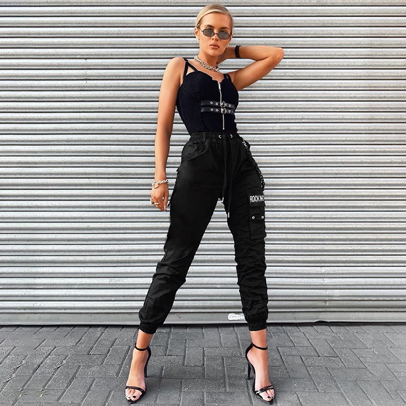 Rockmore White Cargo Pants With Chain Pockets Women High Waist Black Trousers Wide Leg Pants Femme Pant Summer Streetwear Fall Rockmore White Cargo Pants With Chain Pockets Women High Waist Black Trousers Wide Leg Pants Femme Pant Summer Streetwear Fall