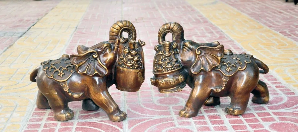 

12"Lucky China Feng shui Bronze Wealth Treasure bowl Auspicious Elephant Statue