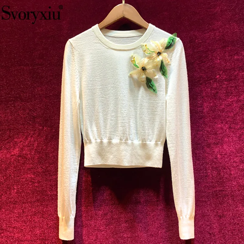 

Svoryxiu Autumn Runway 100% Wool Women's Sweater Long Sleeve Casual Short Paragraph Elegant Applique White Pullover