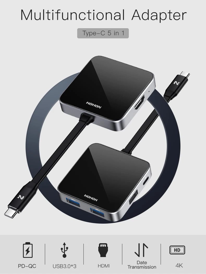 NOHON USB-C HDMI адаптер 5 в 1 USB 3,0 концентратор Тип C конвертер PD док-станция для MacBook Xiaomi samsung huawei ноутбуки телефоны