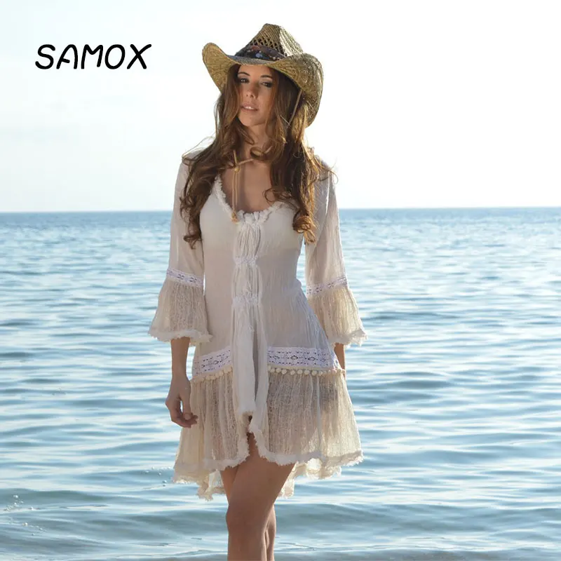 JSMY 2019 Beach White Dress New Summer Fashion Women Sexy Tassel Lace Splicing