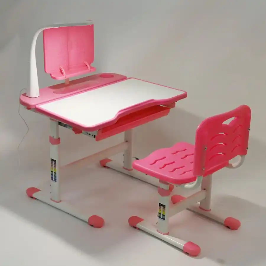 Scrivania da studio per bambini regolabile in altezza set di sedie da scrivania per bambini Scrivania per studenti con supporto di lettura e lampada di protezione per gli occhi per ragazze Rosa