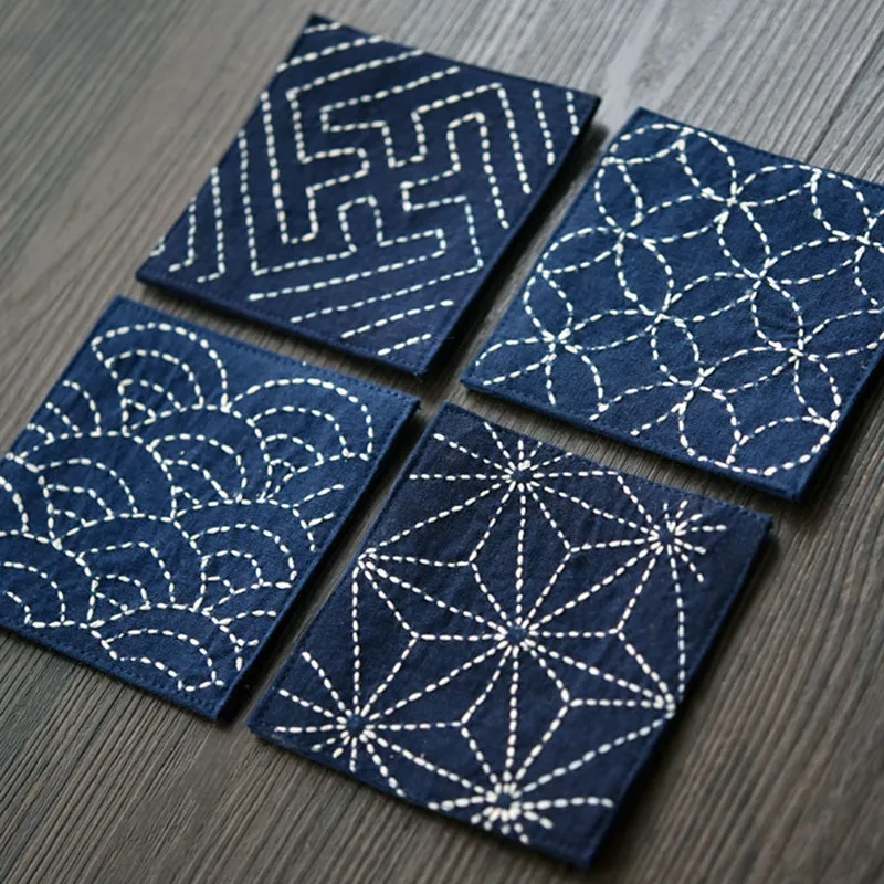 

100% Handmade Embroidered Coasters Hand Dyed Japan Style Cotton Linen Cup/Bowl Pads 4pcs/Set Square Placemats Tableware