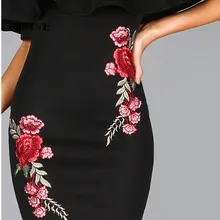 COLROVIE Summer Dress Women Black Sexy Off Shoulder Embroidery Party Dresses 2017 Rose Applique Ruffle Elegant Bodycon Dress