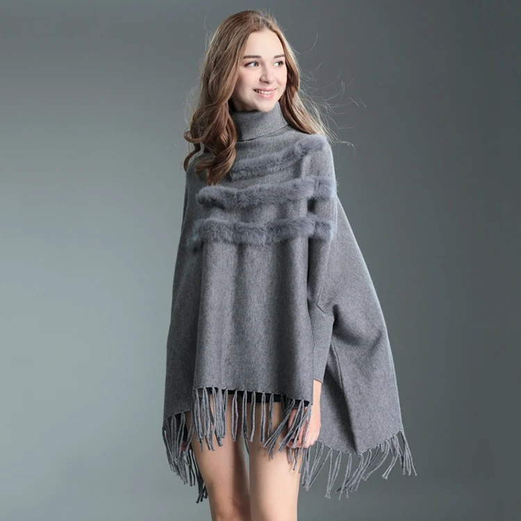 gray Новинка, пончо, feminino inverno femme, пончо и накидки, пальто с натуральным кроличьим мехом и кисточками, высокий воротник, capa mujer invierno - Цвет: gray