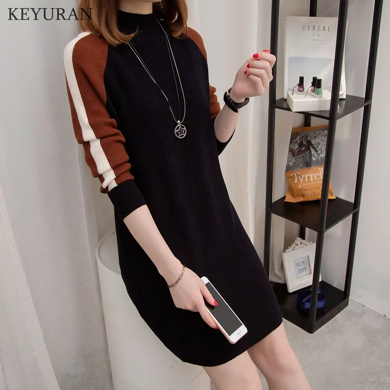 

Plus Size Women Clothing 4XL 3XL Patchwork Sweater Dress Spring Autumn Autumn Ladies Casual Knitted Pullover Women Sweater L1641
