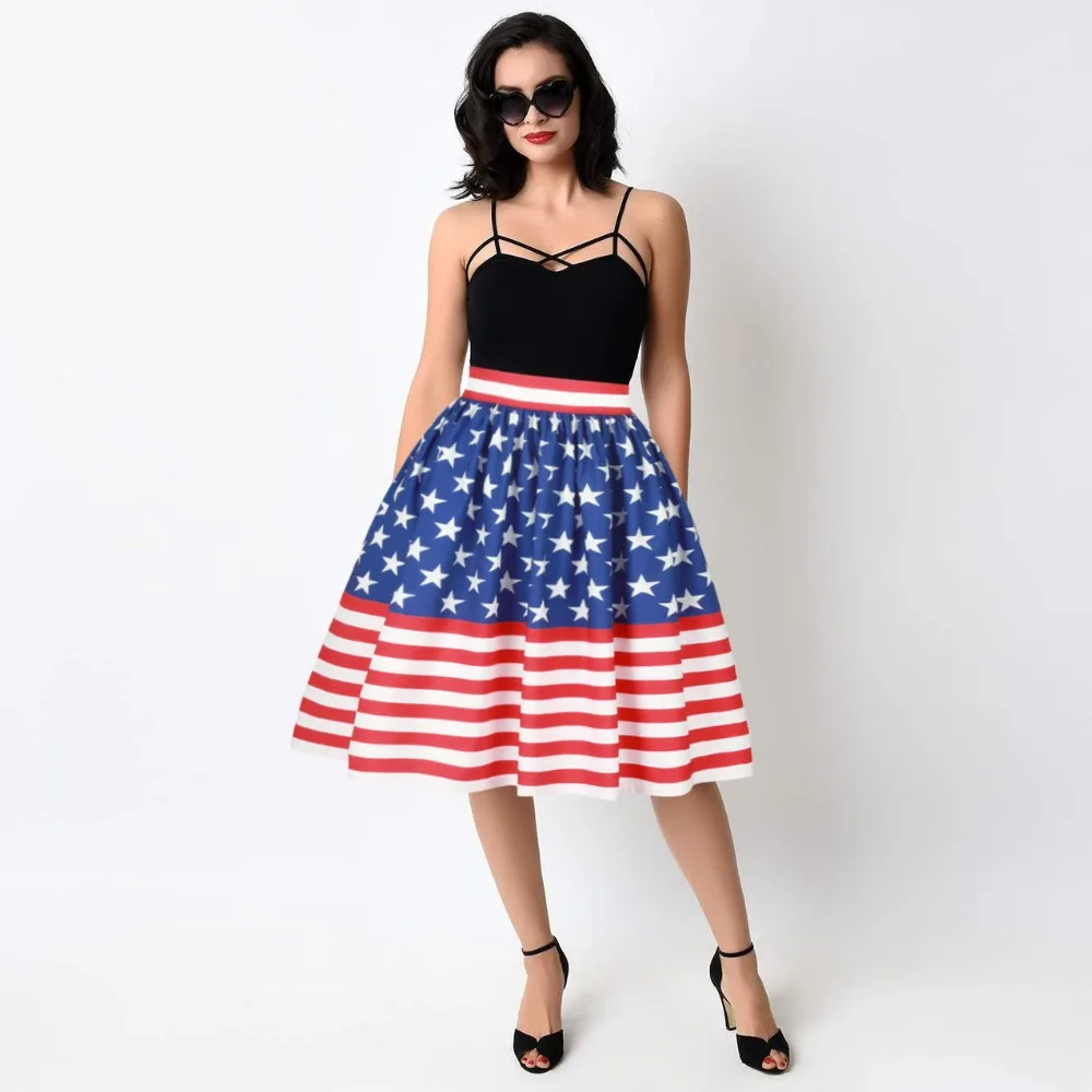 USA Women Vintage Stripes Print High Waist Mid Calf Pleated Skirts