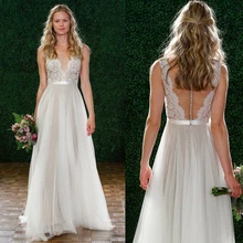 V-образный Вырез Кружева и тюль длинные пляжные свадебные платья длиной до пола рукава серое платье невесты иллюзия назад с пуговицами