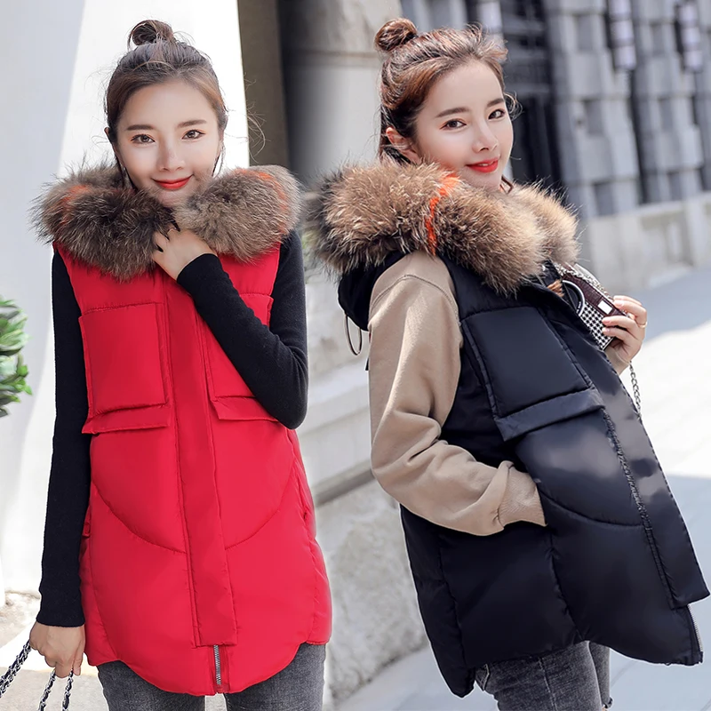 Hot 2018 Women Large Fur Collar Vest Waistcoat Female Winter Slim Hooded Long Vest Sleeveless Jacket Lady Thick Warm Outwear