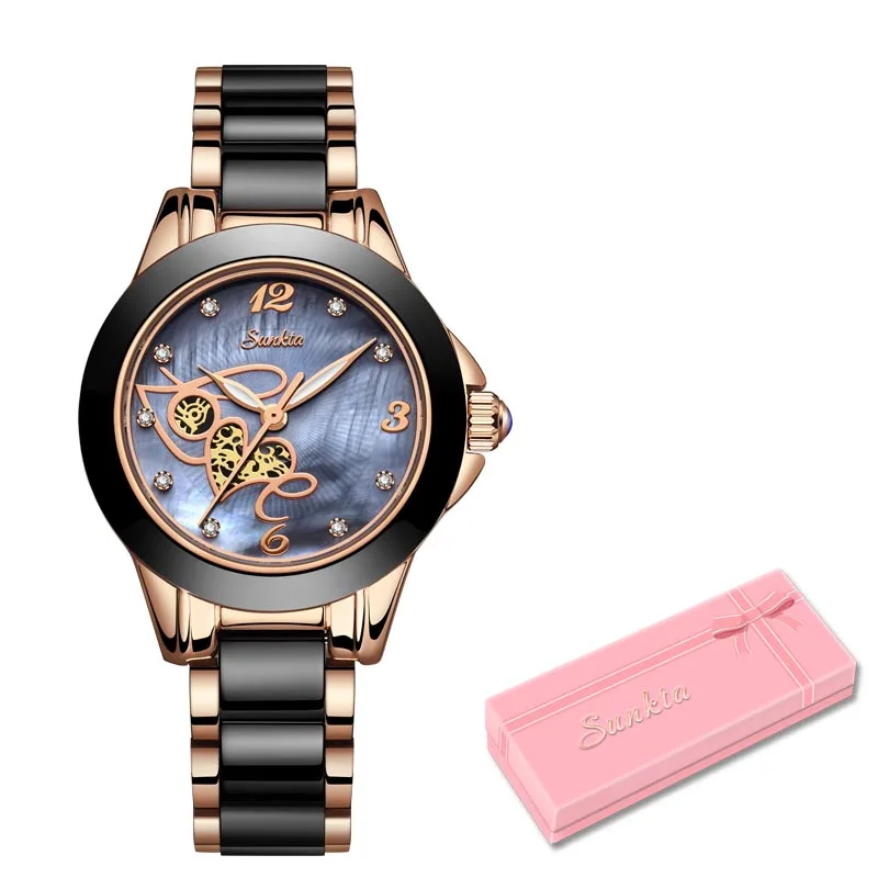 Rose gold blue SUNKTA Высокое качество Женские часы со стразами роскошные розовое золото черные керамические водонепроницаемые часы женские классические серии женские часы - Color: Rose gold blue