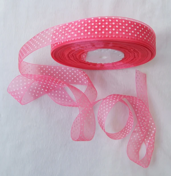 

Free Shipping 10Yards/Lot 1inch white point hotpink bottom Organza ribbon