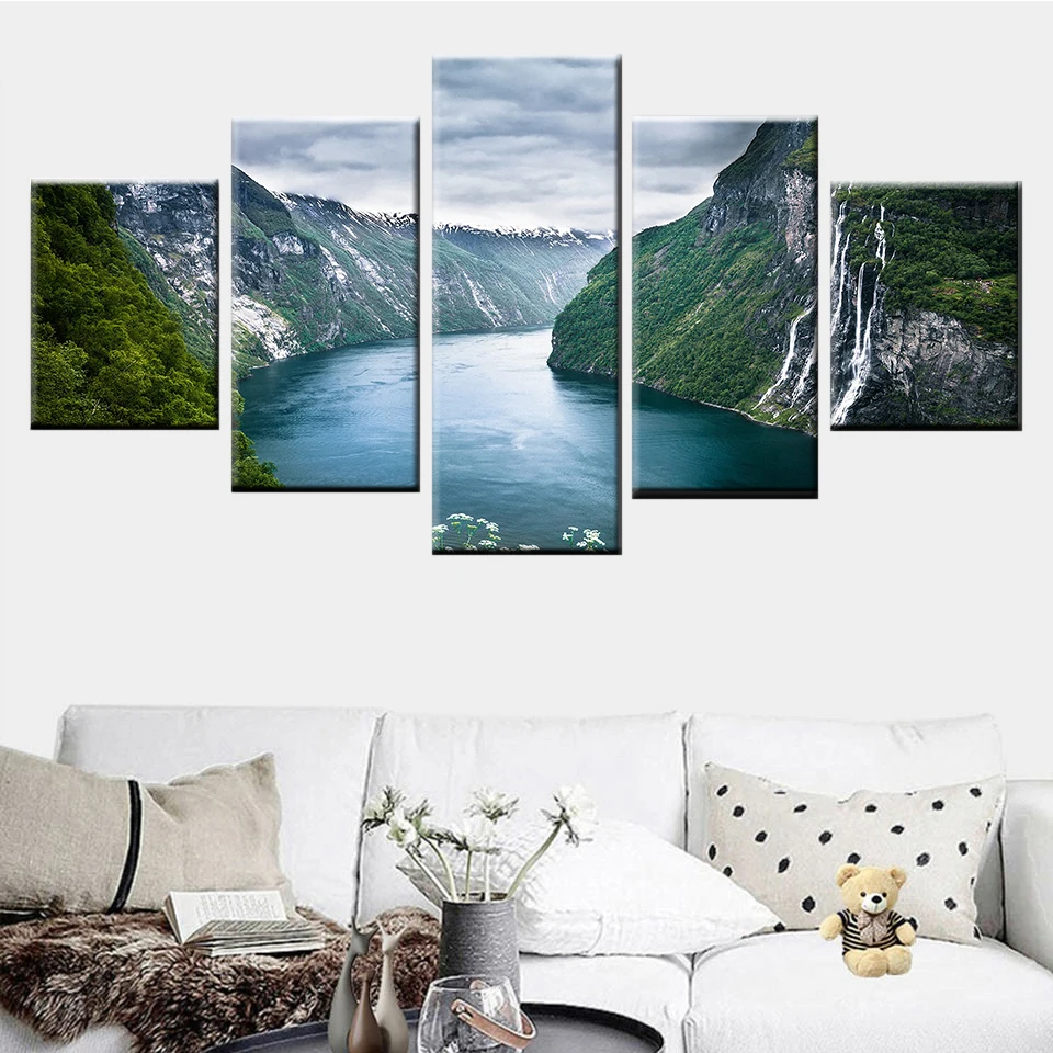 

Printed canvas picture living room decorative wall art 5 pieces green mountain river painting poster modern Nordic style