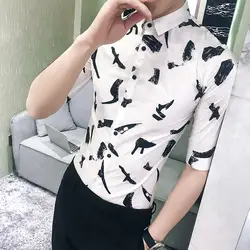 Высокое качество Мужская рубашка с принтом мода 2018 корейский Slim Fit Смокинг Рубашка мужская половина рукава парикмахер Рабочие Рубашки