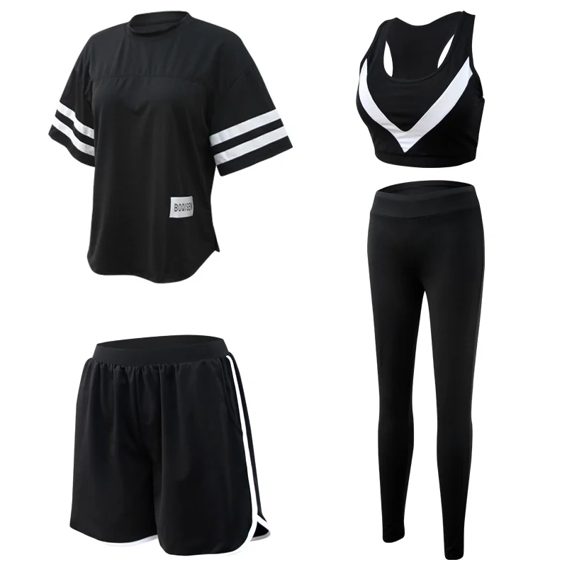 

4 pieces yoga set black pink white orange striped women yoga leggings+shorts+bra+T-shirt sportswear gym fitness suit