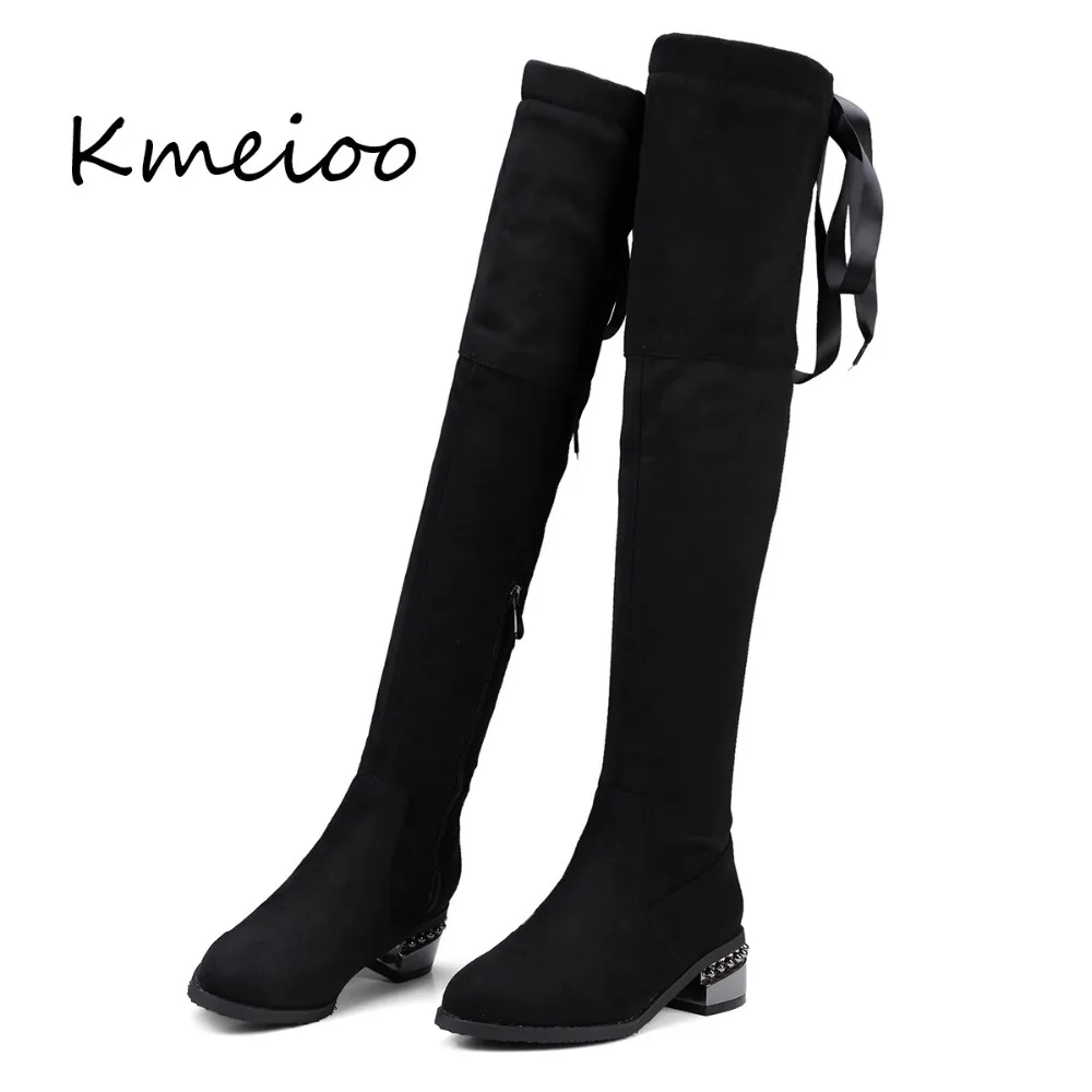 Nuevo Por Altos La Sexy Las Kmeioo De Mujer Gamuza Mujeres Tacones Rodilla Encaje Zapatos 2018 Encima Black Calidad Invierno Botas Alta 00qTwrv8