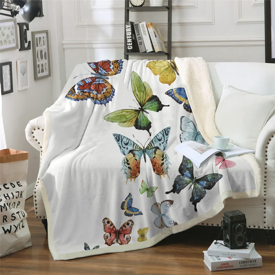 Одеяло на искусственном меху с принтом бабочек, диван для путешествий, молодежное постельное белье, флисовое плотное одеяло-покрывало, гобелен для украшения дома