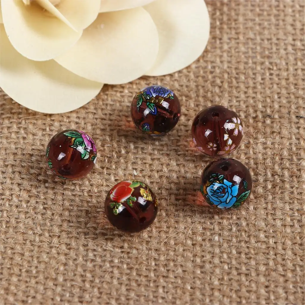 

Glass Japan Painting Vintage Japanese Tensha Beads Round Coffee At Random Flower Pattern Transparent 12mm 5 PCs