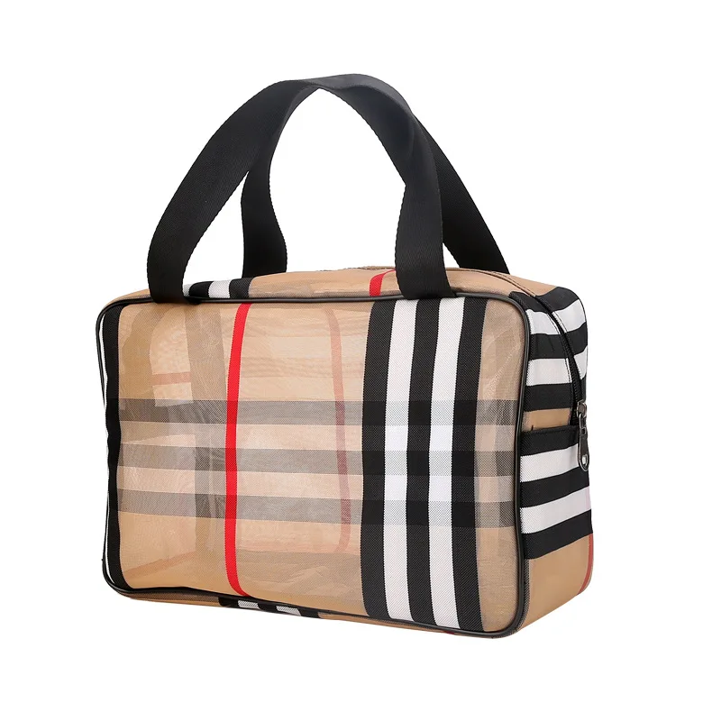

New Style Waterproof PVC Transparent Cosmetic Bag Plaid Grenadine Women Large Small Travel Storage Case Wash Inside Zipper Bag