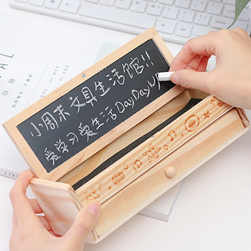 Wooden Pencil Case with Blackboard Double Layers Pencil Case for Boys Girls Students Stationery Pens Storage Organizer Box