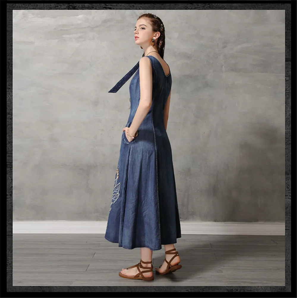Vintage Summer Tank Dress 2019 Cotton Women Denim Dresses O-Neck Sleeveless Vintage Embroidery Swing Hem Sundress 82168  (15)