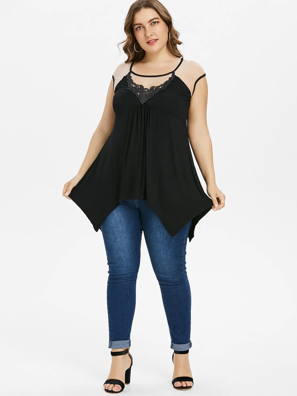  Rosgeal Plus Size Mesh Trim Handkerchief Tank Top Summer Women Top O Neck Sleeveless Long Tops Tees