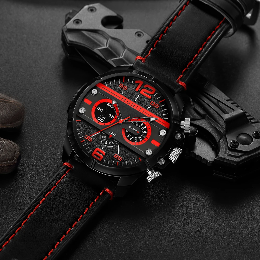 

2019 Mens Fashion Big Dial Quartz watch Luxury Red Black Two Tone Business Analog Wrist watches Waterproof Relogio Masculino